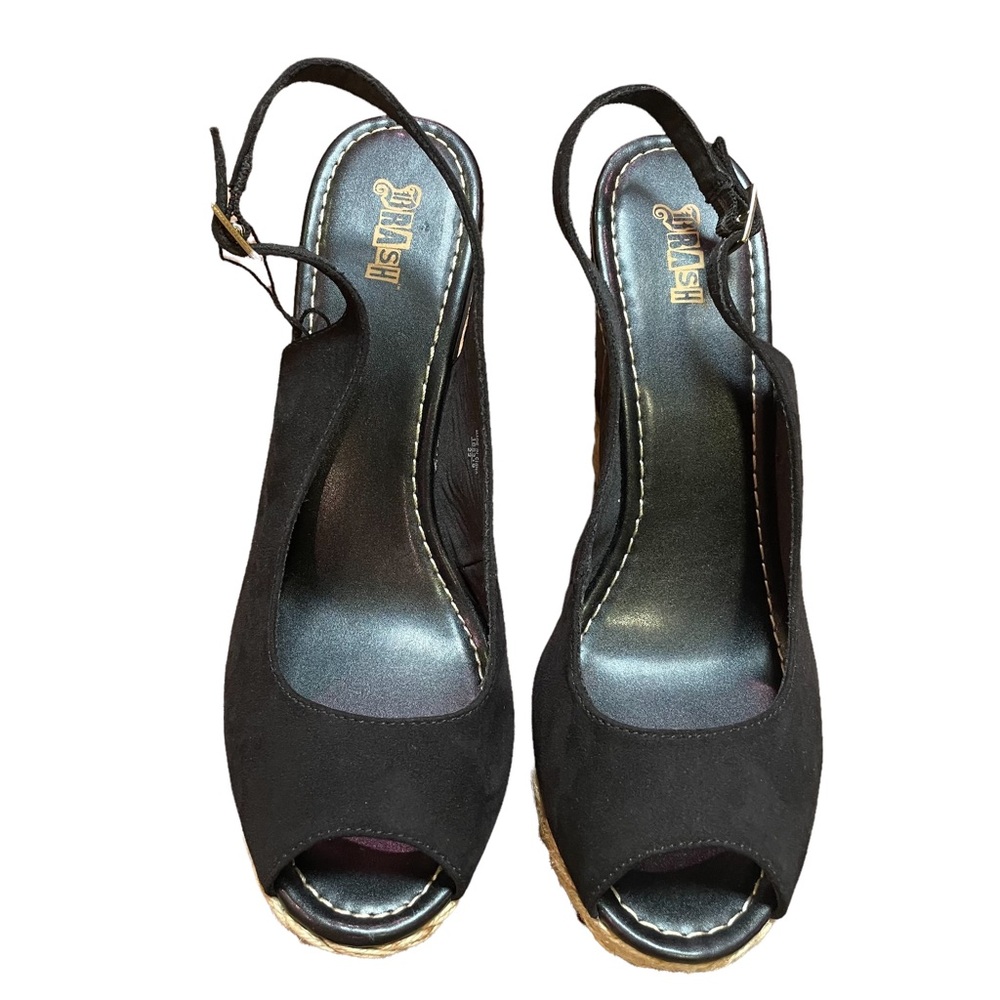 BRASH NWT Black Open-Toe Slingback Wedge Heel Shoes Size 11